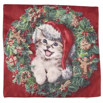

Christmas Decoration Pillow Cute Dogs and Cats Gift Cushion Cover Pillowcase Linen Christmas Tree Santa Claus Throw Pillow, Smil