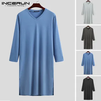 

Men Robes Sleepwear Solid Color Long Sleeve Comfortable Nightgown Leisure V Neck Loose Soft Men Bathrobes Homewear S-3XL INCERUN
