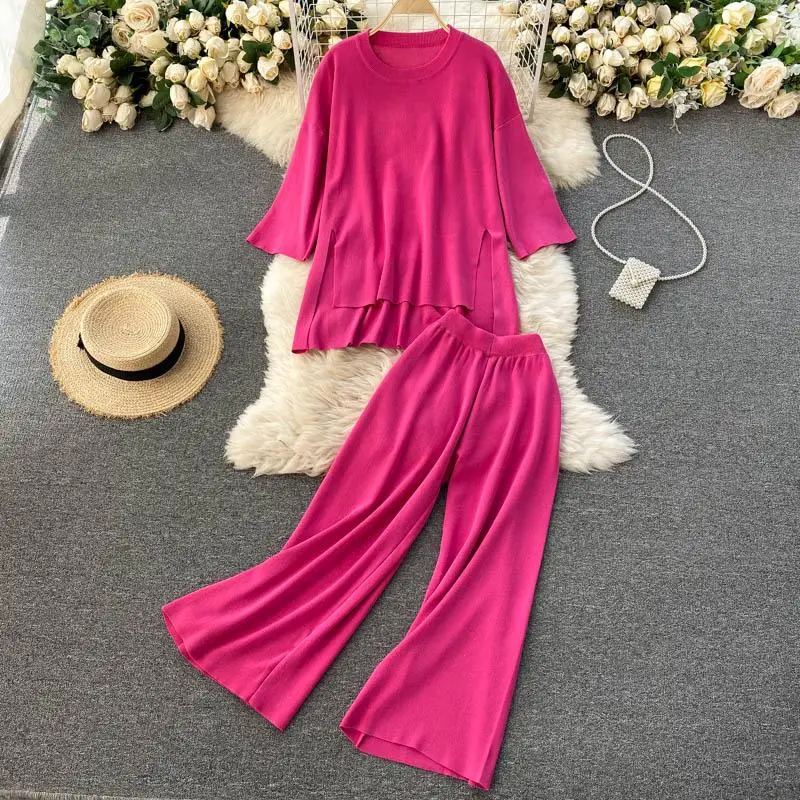 Купить Women Solid Knit Sweaters Pants Sets Half Sleeve Loose Split Pullovers Trousers 2PCS Outfits  | Отзывы и видеообзор (1005002356489759)