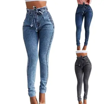 

Women Fringe Tassels High Waist Stretch Skinny Jeans Slim Bodycon Pencil Pants Lace-Up Bandage Belt Push Up Denim Long Trousers