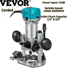 

VEVOR Electric Hand Trimmer Compact Wood Laminator Router Corded 710W 10000-30000RPM for Woodworking Trimming Grooving Slotting