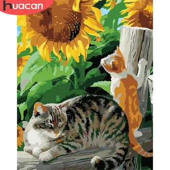 

HUACAN Paint By Number Cat Drawing On Canvas Gift DIY Pictures By Numbers Sunflower Kits Hand Painted Painting Art Home Decor