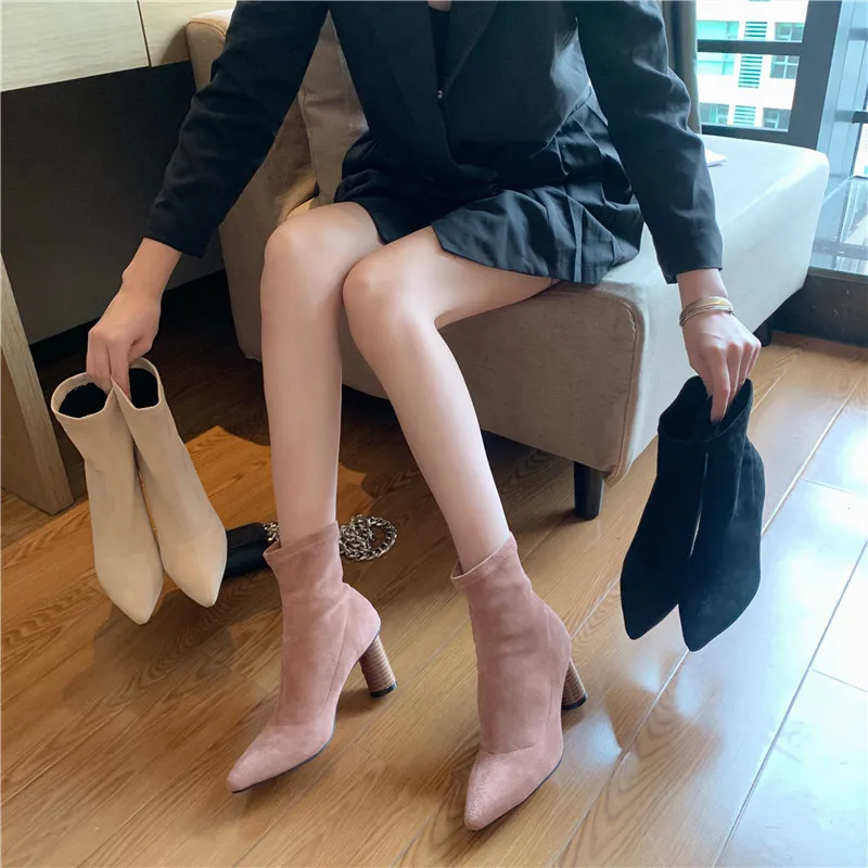 

Black Pink Flock Women Ankle Boots Slip-on Pointed Toe Square High Heels Elastic Sock Boots Party Shoes Women Chelsea Boots