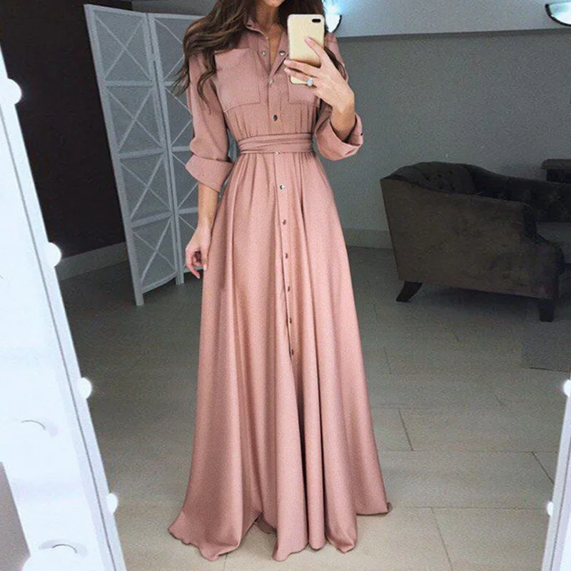 

Women Fashion High Waist Solid Color Button Long Shirt Dresses 2019 New Ladies Elegant Long Sleeve Lace Up Slim Fit Maxi Dresses