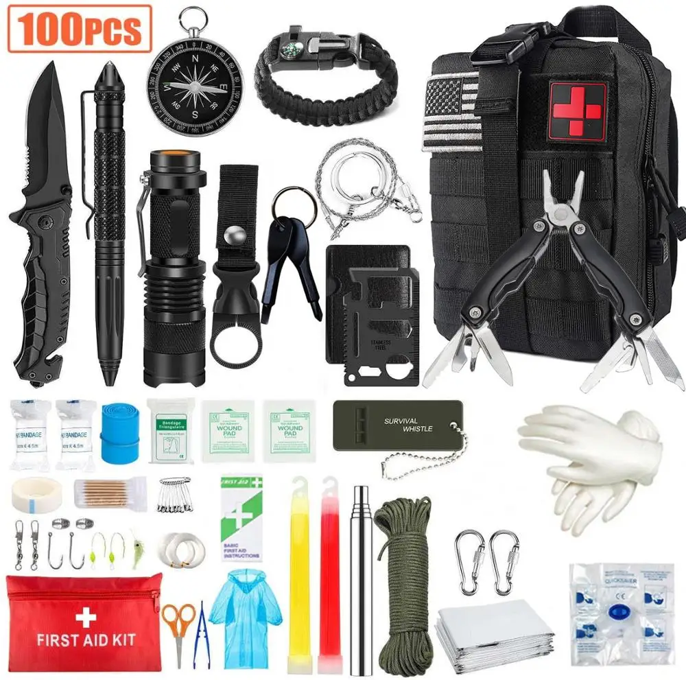 Survival Gear Kit 100 In 1 Emergency EDC Survival Tools SOS First Aid Equipment Hunting Tool with Molle Pouch for Camping Hiking