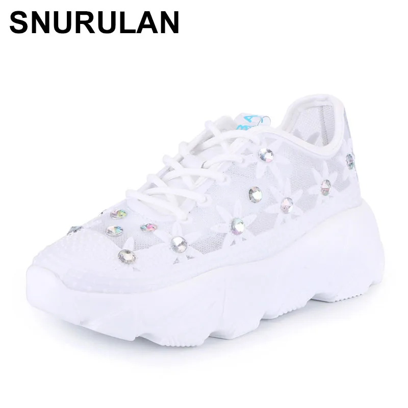 

SNURULAN Women's white sneakers; fashionable women’s platform shoes with rhinestones; summer breathable women casual shoes