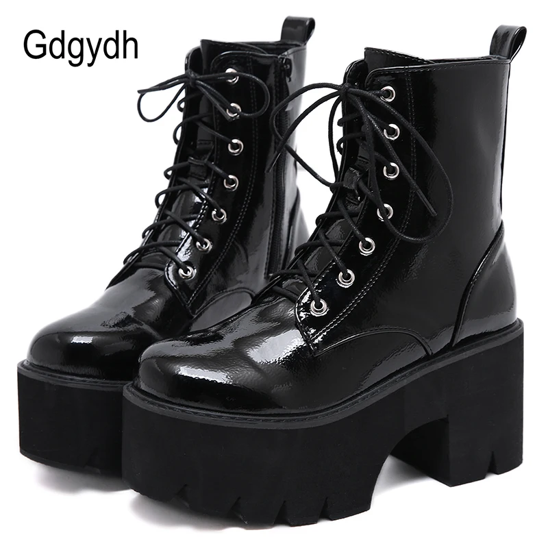 Gdgydh Botas de Color Negro de Cuero de Charol para Mujer, Botines de  Encaje con Plataforma de Cuña Gruesa, Estilo Punk Gótico, Novedad de 2021| Botas hasta el tobillo| - AliExpress