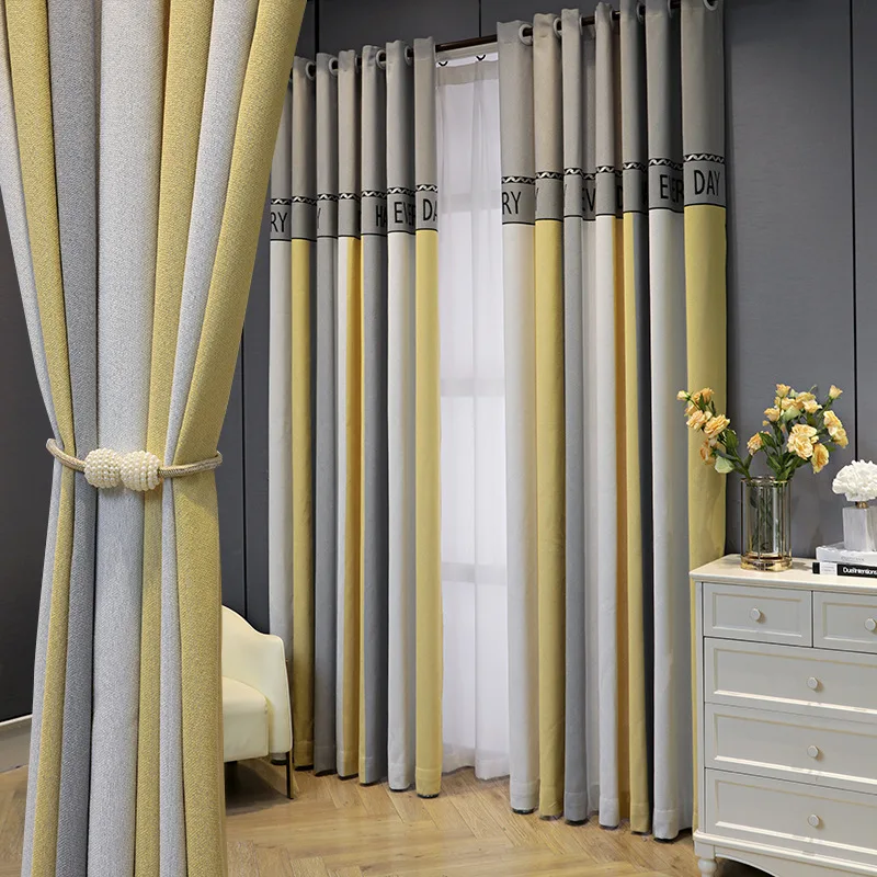 

Modern Simple Curtain Contrast Color Thicken Stitching Jacquard High Shading Heat Insulation Curtains for Living Room Bedroom