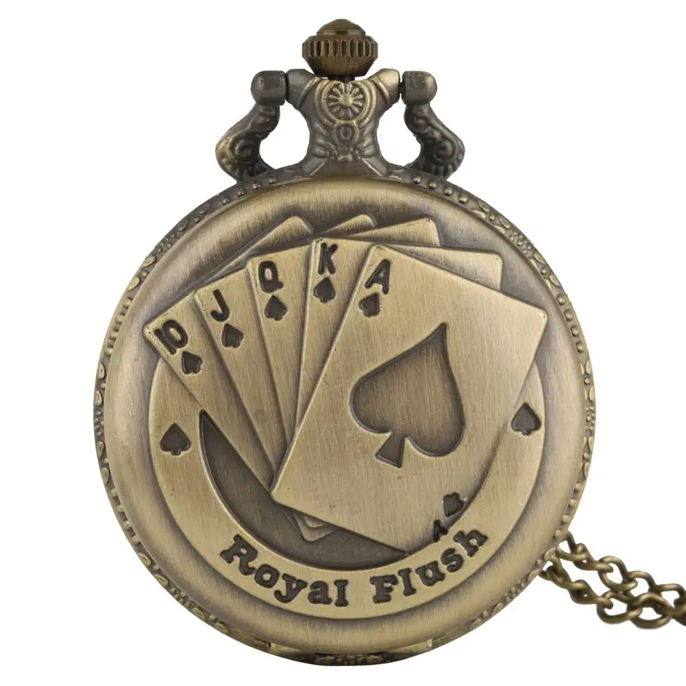 Bronze Poker Card Quartz Pocket Watch Full Hunter Watches Necklace Fob Chain Pendant Clock Hours Gifts For Men Women | Наручные часы