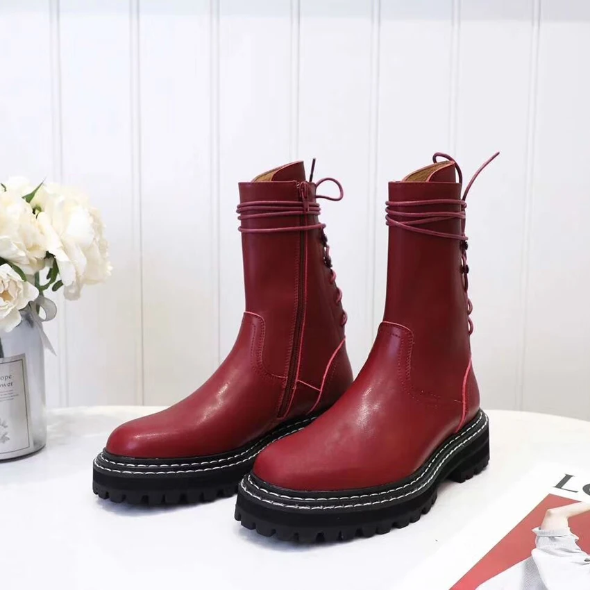 wine red JAWAKYE/Лидер продаж; Ботинки martin из натуральной кожи на шнуровке; женские полусапожки с круглым носком на толстой подошве; коричнево-черная кожа; мотоботы; женские ботинки; botas mujer invierno - Цвет: wine red