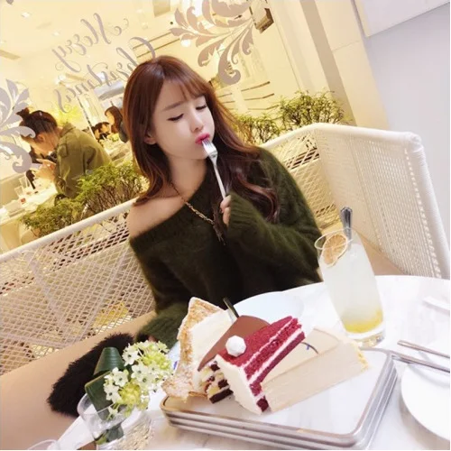 2019 autumn winter wear new Slash neck mohair sweater women's pullovers loose mink cashmere knitted  keep warm sweater jacket