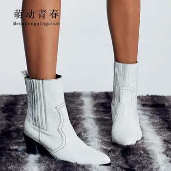 

Big Size 35-42 Women Boots 7cm Chunky High Heeled Women Ankle Boots Pointed Snake Print Slip on PU Leather Party Boots Mujer