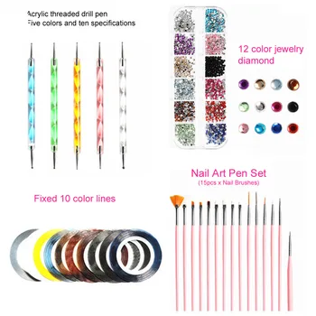 

5pcs Dotting Tool Sequins Foil Paper Salon Tips Manicure Nail Starter Kit 15pcs Art Brushes 10pcs Striping Tape Water Transfer