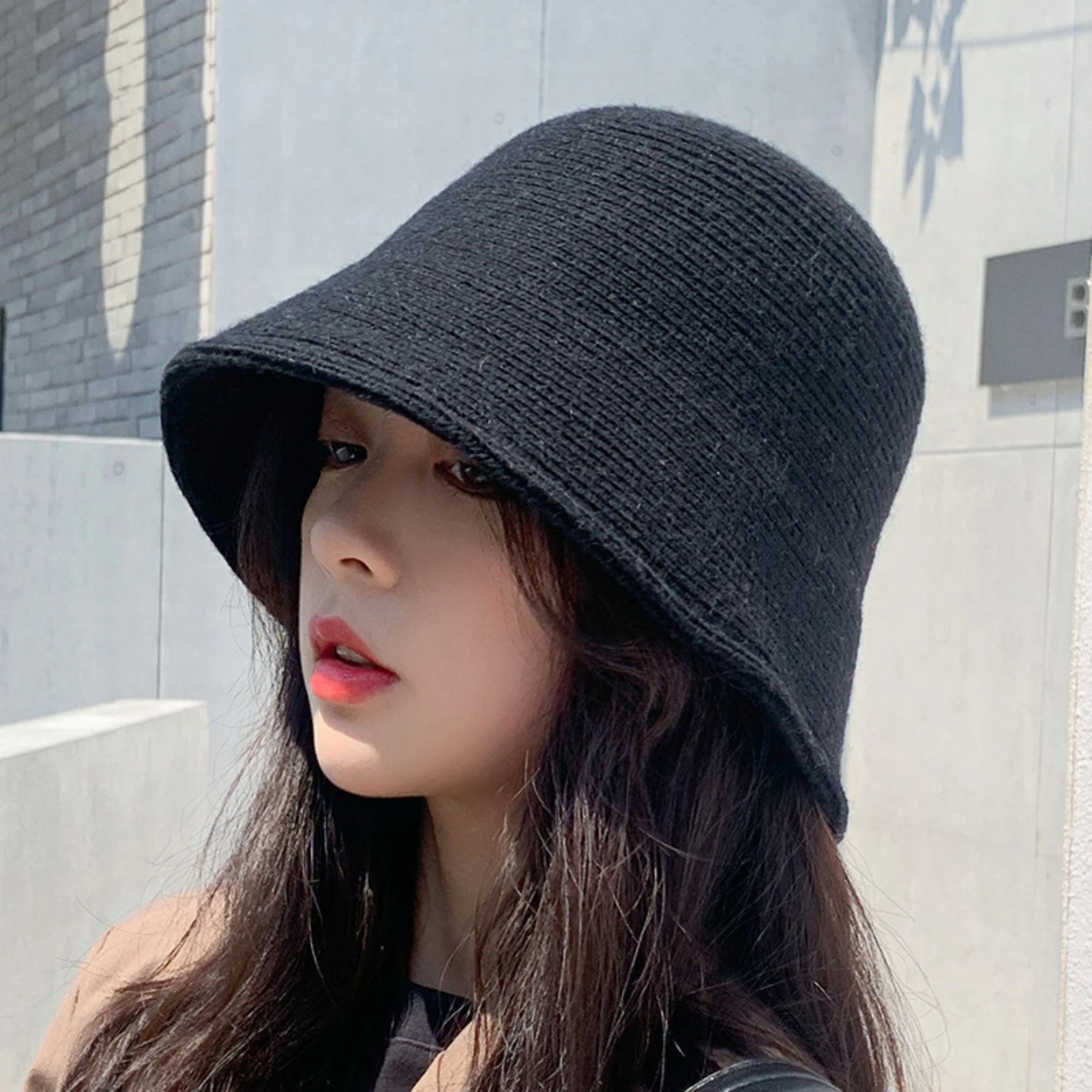 Women Solid Color Wool Bucket Hat 