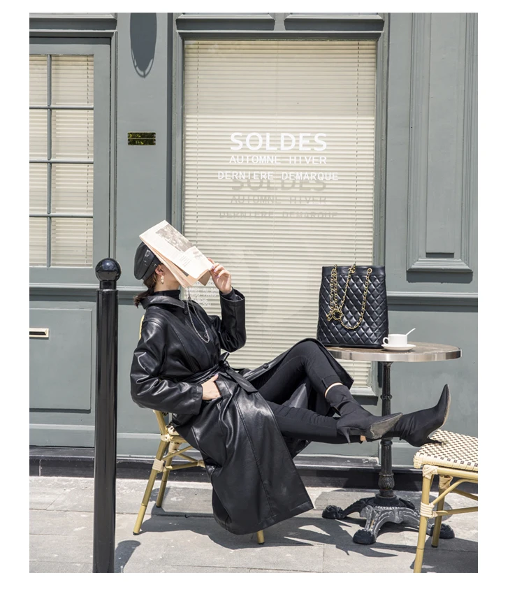 Women's New Spring And Autumn Coat Leather Long Paragraph Lapel Sashes Loose Pu Leather Windbreaker F171