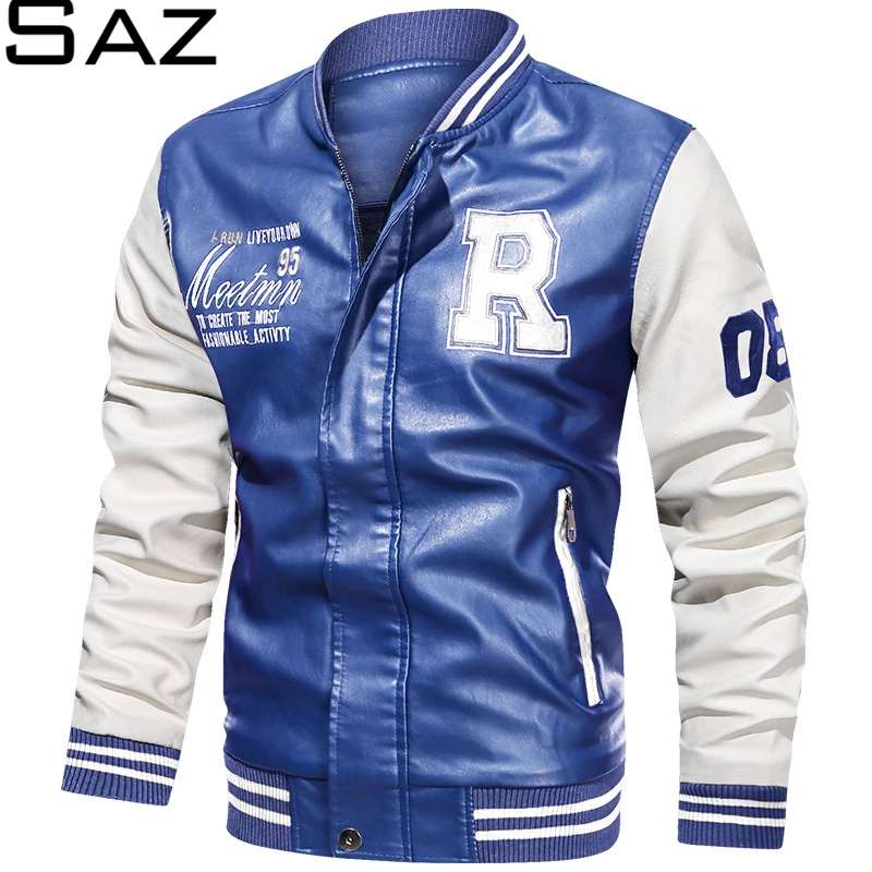 

Saz 2020 Men Jacket Casual Letter Embroidery Leather Jacket Streetwear Fashion baseball Leather Bomber Jacket Coat Men