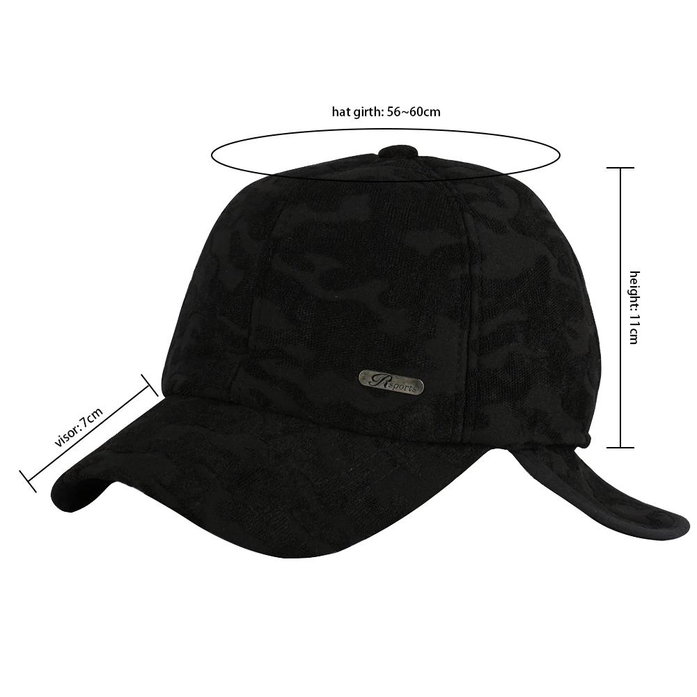 Baseball Cap Winter Men's Black Short Hat Thicker Ear flaps Snapback Outdoor Warm Autumn Visor Dad Trucker Hats Adjustable Bone