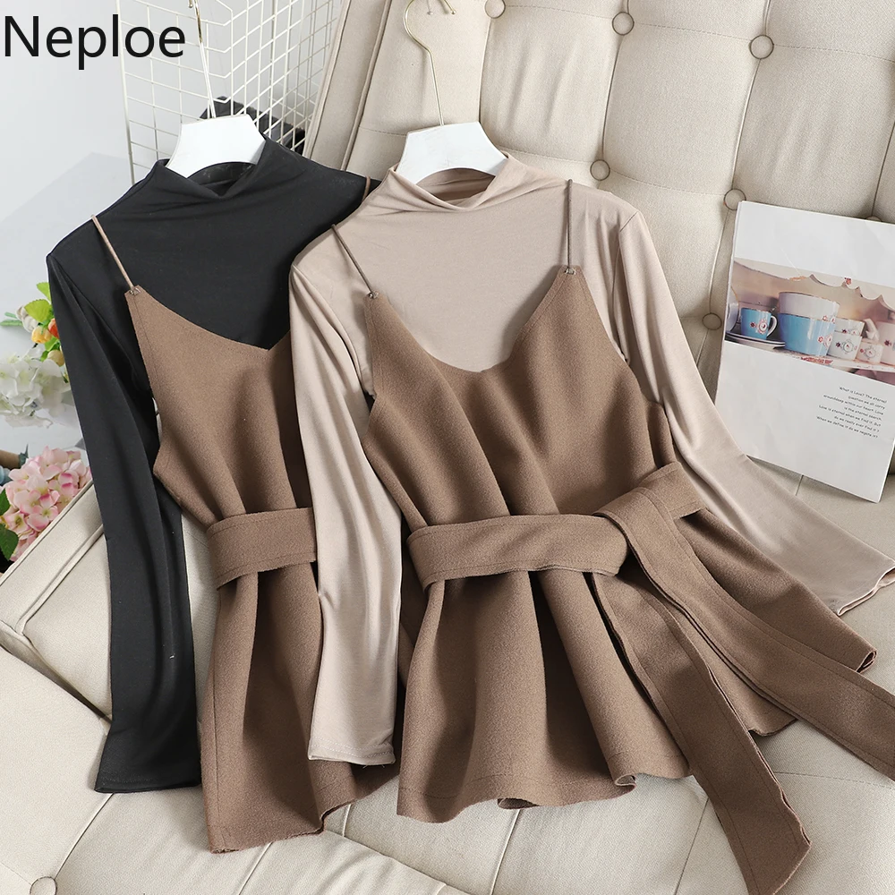 Neploe Turleneck Slim Fit тонкая футболка с длинным рукавом V образным вырезом топики на шнуровке тонкий приталенный жилет Осень элегантный женский комплект 46672