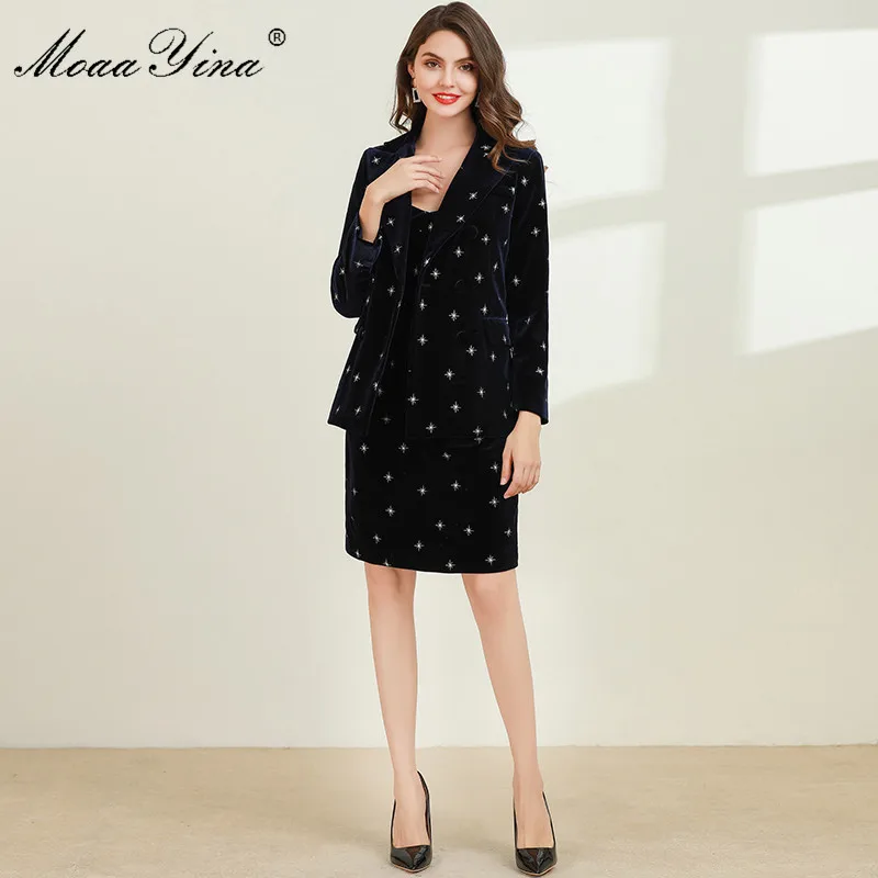 

MoaaYina Fashion Designer Set Spring Autumn Women Long sleeve Suit Tops+Mini dress Velvet Two-piece set