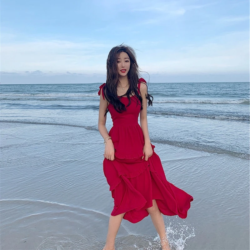 

COIGARSAM Beach Style Women Long dress Spaghetti Strap Dresses Red 9821