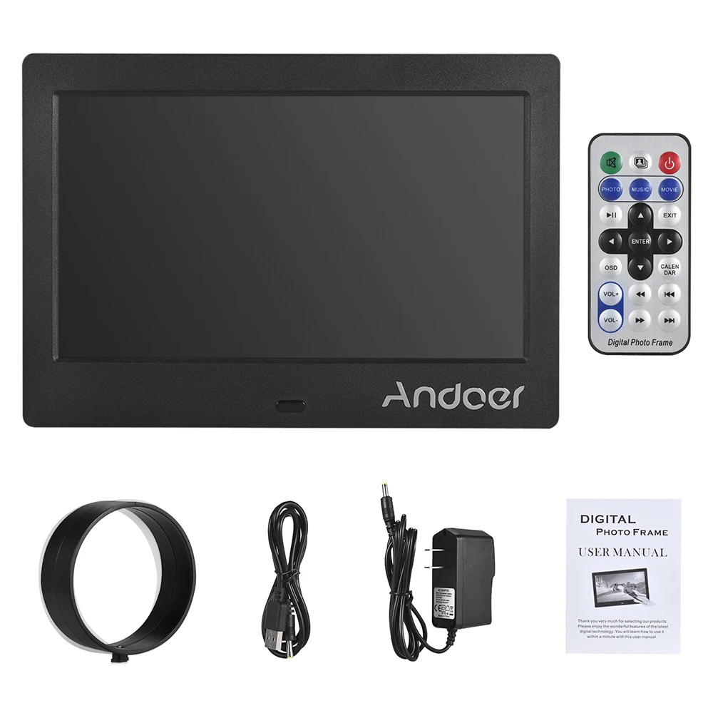 Andoer " ips HD экран 1024*600 цифровая фоторамка Музыка Видео Воспроизведение Часы Будильник Календарь несколько языков дистанционное управление