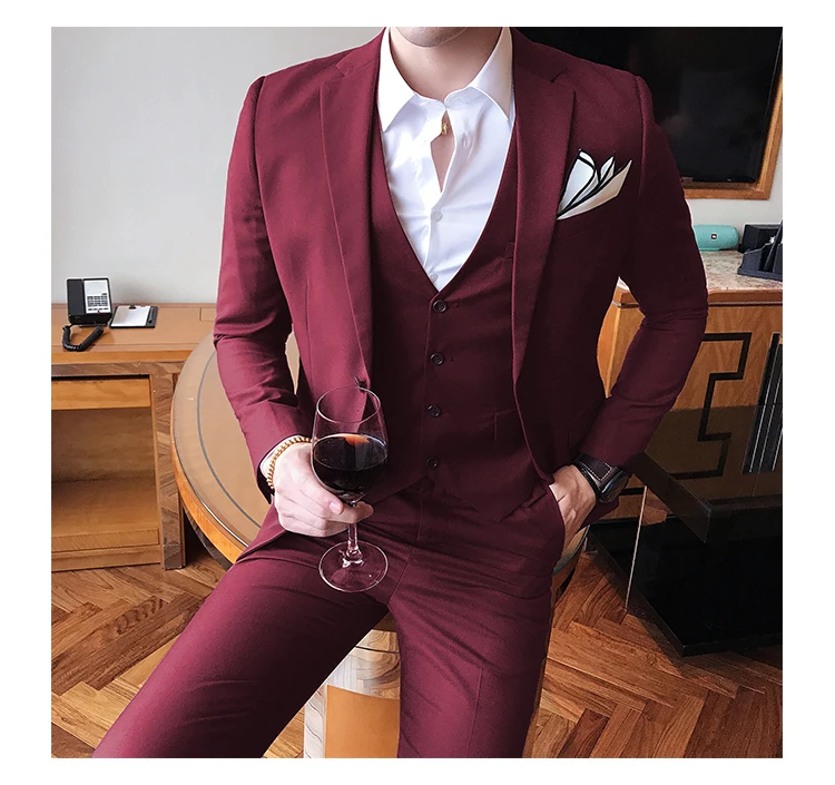 Сплошной цвет slim fit мужской костюм из 3 предметов свадебное платье мужской повседневный деловой пиджак Свадебный Выпускной костюм жениха одежда смокинг
