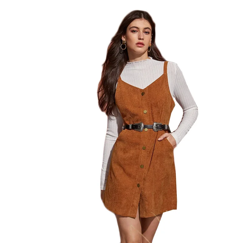 Dotfashion вельветовое платье на пуговицах без пояса для женщин, осень, прямое платье без рукавов, женское мини-платье Camel