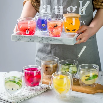

Many Of Cartoon Patterns Heat-resisting Double-deck Transparent Glass Coffee Cup Creative Bear Penguin Animal Breakfast Milk Cup