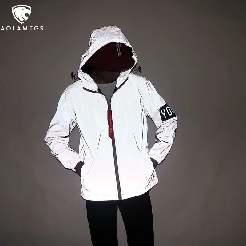 

Aolamegs Reflective Jacket Men Letter Printing Thin Waterproof Windbreaker Hip Hop Jacket Zipper Sportswear Hooded Jacket Male
