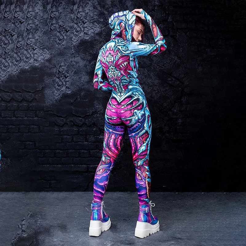 Halloween Costumes Skeleton Bodysuit Women Scary Skeleton Jumpsuit Print Zombie Cosplay Full Sleeve Autumn Winter