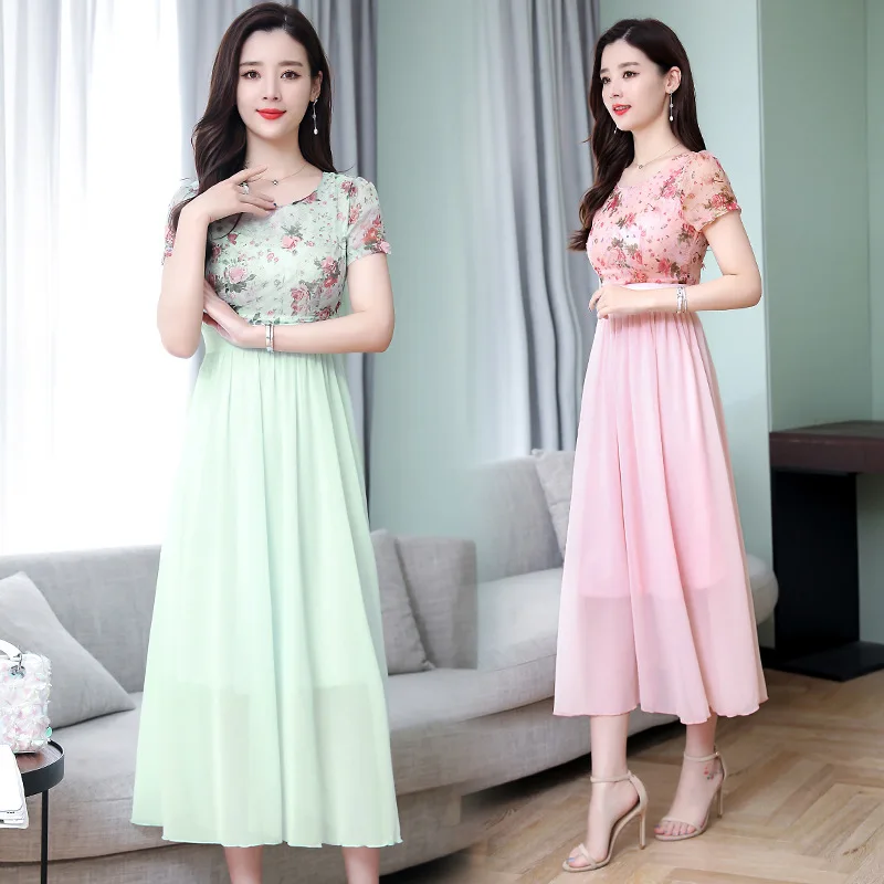 

2019 Summer New Style Korean-style Floral-Print Chiffon Dress Waist Hugging Elegant Slimming Swinging Skirt Women's