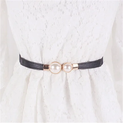Fashion thin PU leather belt imitation pearl elastic waist belts women dress skirt decoration fashion Girles gifts