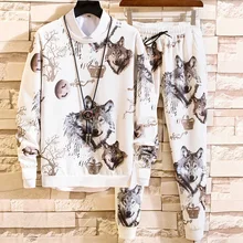 

Top + Pants Printed sports suit Spring and autumn men's long-sleeved sweater suit T-shirt trousers clothes casual loose trend sp