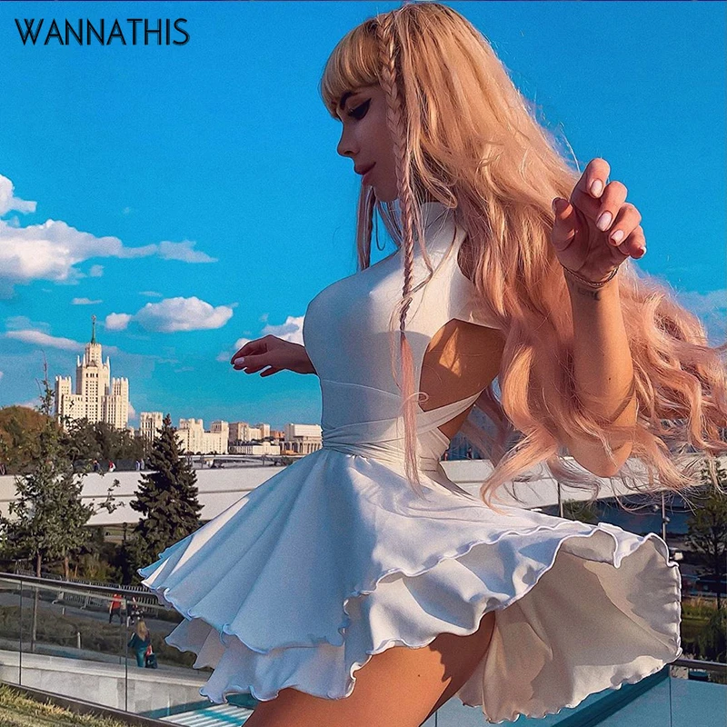 Wannathis, сексуальные мини-платья а-силуэта, белые, с открытой спиной, бандажные, с вырезом, без рукавов, крест-накрест, на шнуровке, белые, тонкие, вечерние, платья