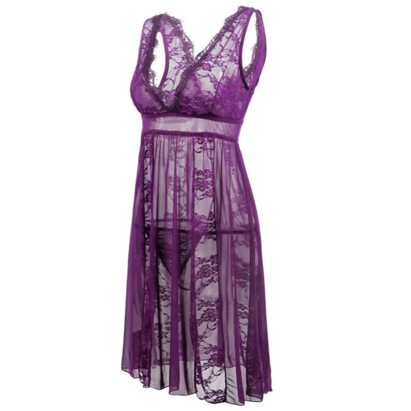 Sexy Women Nightgowns& Sleepshirts Sleeveless V Neck Nightgowns Solid Lace Mesh Transparnet Patchwork Dress Sleepwear