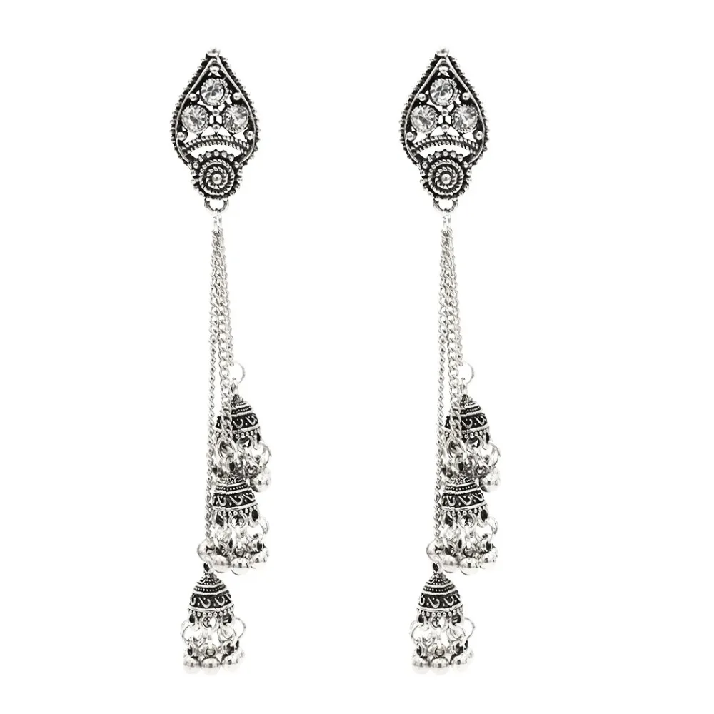 Для женщин индийский окисленный Jhumka Jhumki индийские серьги золотого и серебряного цвета, на крючках с длинной бахромой серьги женские массивные уши афганских ювелирные изделия