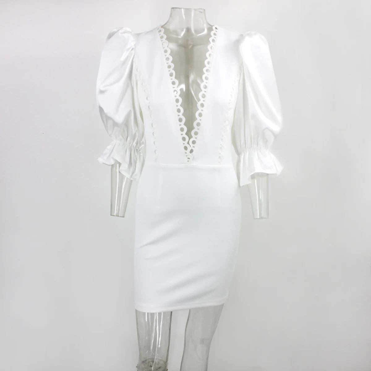 COSYGAL Винтаж с низким вырезом зимнее платье Для женщин Bodycon Ночной клуб вечерние белое платье женские кружевные сапоги на рукав-бабочка; мини-платье