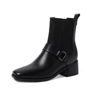 

Genuine Leather Boots Women Ankle Motorcycle Boots Vintage Retro Med High Heels Winter Boots Shoes Woman