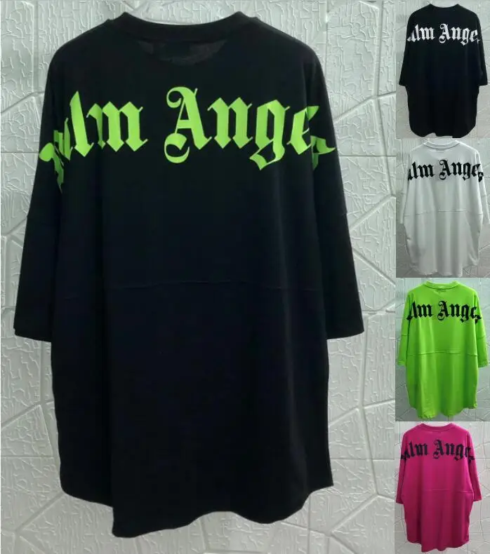 Palm Angels carta logotipo hombres mujeres Unisex amantes mangas de murciélago de estilo de moda de algodón de manga corta T-camisa de cuello redondo regalo de la novia
