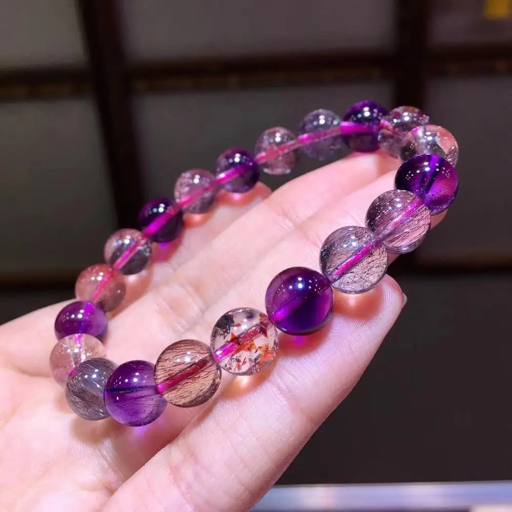 Натуральный Lepidocrocite КВАРЦ СУПЕР семь 7 модный браслет с камнями 9,5 мм хрустальные Круглые бусины для женщин и мужчин сертификат AAAAA