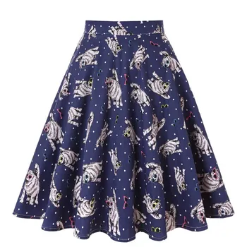 

2020 Cotton Summer Skirt Women High Waist Glasses Cats Print Polka Dot Vintage Swing Short Blue Skater Skirts