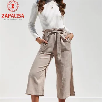 

Zapalisa Harajuku Solid Color Pocket Decor Sashes Bandage Pants High Waist Wide Leg Trousers Women Spring Summer Wear