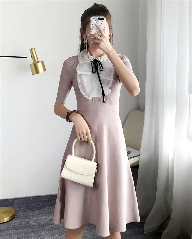 Women Dress Split Knitted Elegant Bodycon Lace Up Bow Vestido Slim Mesh Ruffles Robe Short Sleeve Pullovers Office Lady