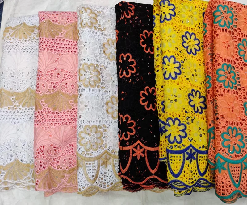 cotton Swiss voile lace fabric white and gold African dry cotton lace fabric with wonderful embroidery for dress CLL045