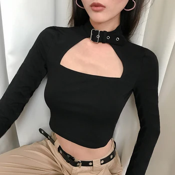 

Lossky Women Long Sleeve Sexy Cropped Tops Vogue Black Gothic Choker Collar Streetwear Metal Buckle Short T-shirt Vegan Clothes
