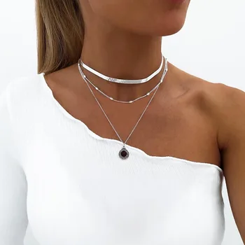 

Cross-border bohemian wind Simple short collarbone blade chain flat snake bone chain gem multi-layer necklace neck chain