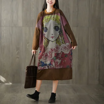 

Fashion 2020 new round neck cartoon head print long style hoodie for old lady plus-size bat sleeve dress