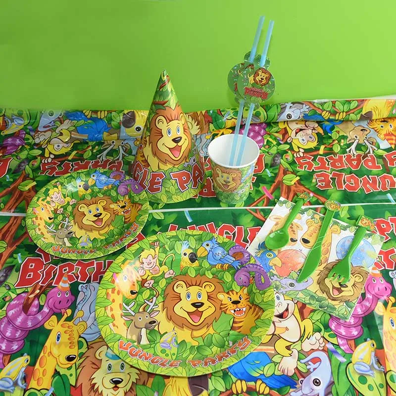 Джунгли вечерние сафари милые животные Дети мальчик ребенок душ тема вечерние Декор чашки тарелка соломы с днем рождения одноразовые столовые приборы набор