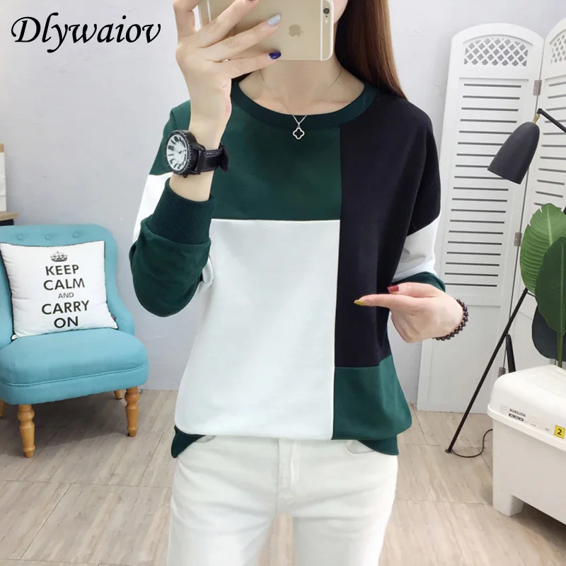 

Loose Cotton Long-sleeved Tshirts Female Casual O-neck Splice T-shirt Women Tops 2019 Autumn Korean Fashion T Shirt Femme New