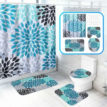 

Geometric Floral Printed Shower Curtain Sets Non-Slip Rugs Toilet Lid Cover and Bath Mat Waterproof Bathroom Curtains With Hooks